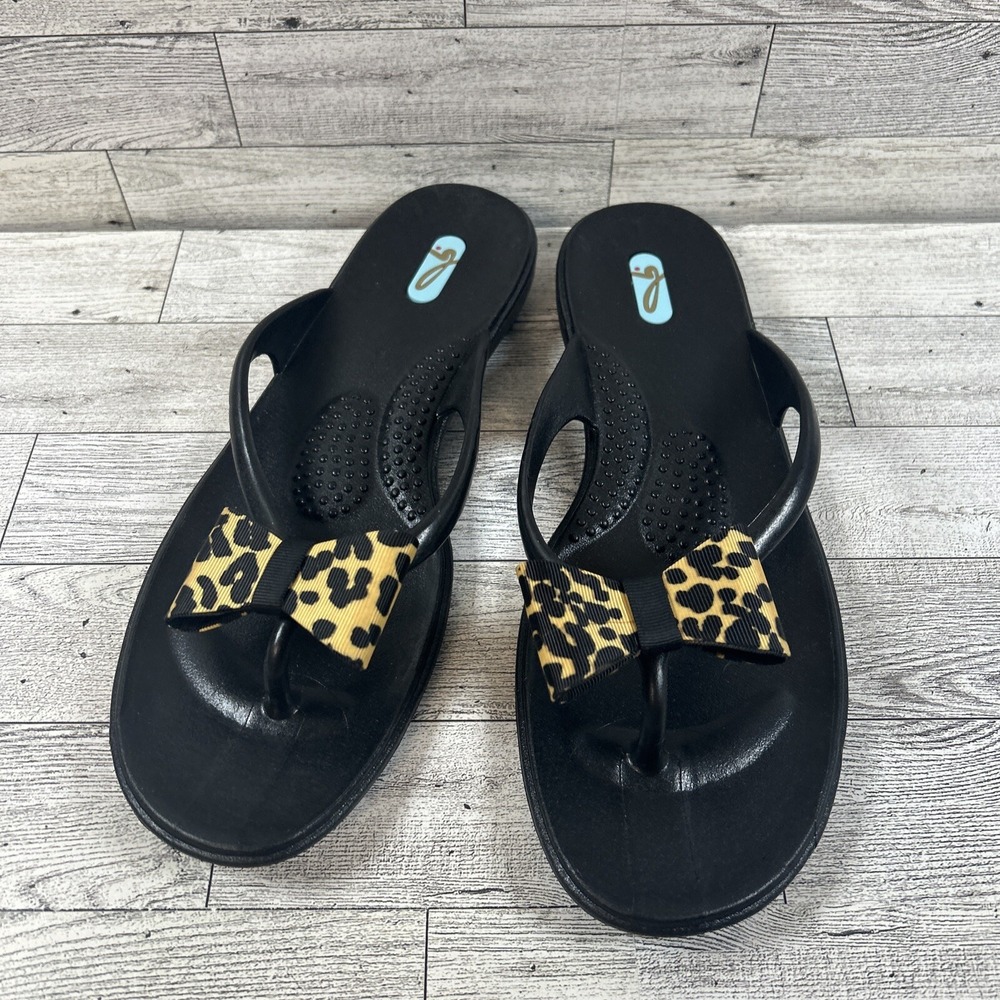 Oka B Oka-B Flip Flop Sandals Black With Animal Print Bows Size L (9.5-11) Women